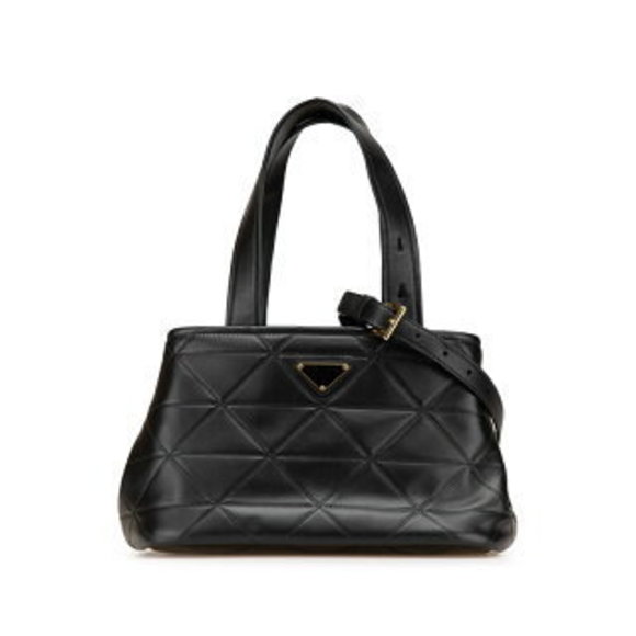 Prada Quilted Tote Triangle Shoulder Bag Black Lambskin - Picture 1 of 8
